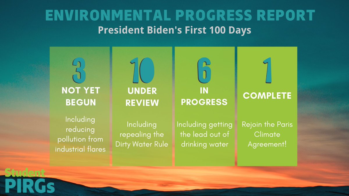 CALPIRGStudent's tweet photo. In his first 100 days, @POTUS has taken important first steps to fight climate change and #RollbackTheRollbacks, including acting on 17 of our 20 priority asks. Read our progress report here: https://t.co/TSd31WoUqE https://t.co/6yvDIhDoMV