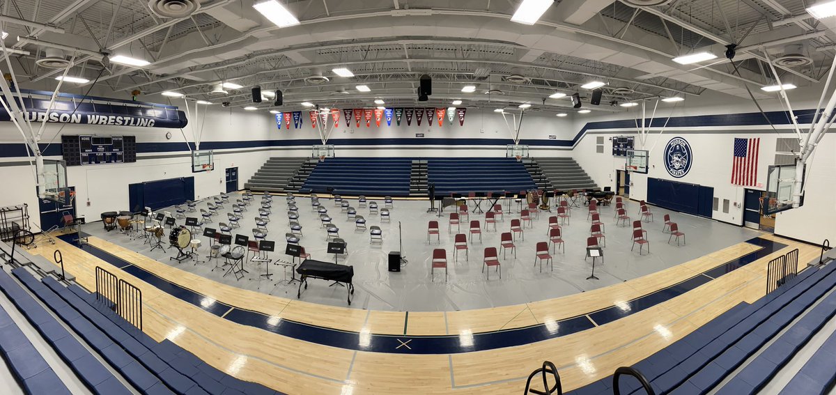 Mrs_NDavis's tweet photo. The stage is set for the first in person Spring Band Concerts on Tues. May 4! 5-6 concert is at 6:00, 7-12 concert is at 7:00. Both bleachers will be used as social distancing and masks are required. $5 admission for the 7-12 concert! Hope to see you there! #hudsonschools https://t.co/7PNH81wiNs