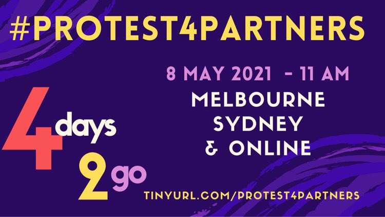GrantVisas's tweet photo. 4 DAYS TO GO.

8 MAY #protest4partners - Sydney Town Hall &amp; Melbourne Parliament House! 
Event details here: https://t.co/s4PT1w5D8H…

Can't attend in person? - upload picture with your signs on the day and use #protest4partners 

#LoveIsNotTourism
RT https://t.co/Qpg1Yy6FLI
