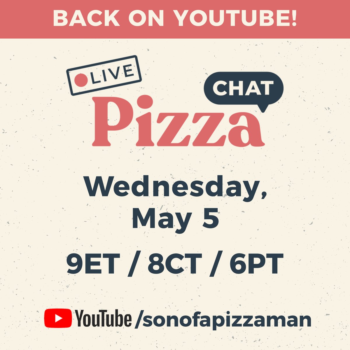 sonofapizzaman's tweet photo. Pizza Chat LIVE is moving BACK to #YouTube! It was fun, Instagram. Check us out every Wednesday (8CT/9ET/6PT) on YouTube as we talk about anything and everything pizza-related! See you there! #pizza #Livestream https://t.co/8Non7msgHv