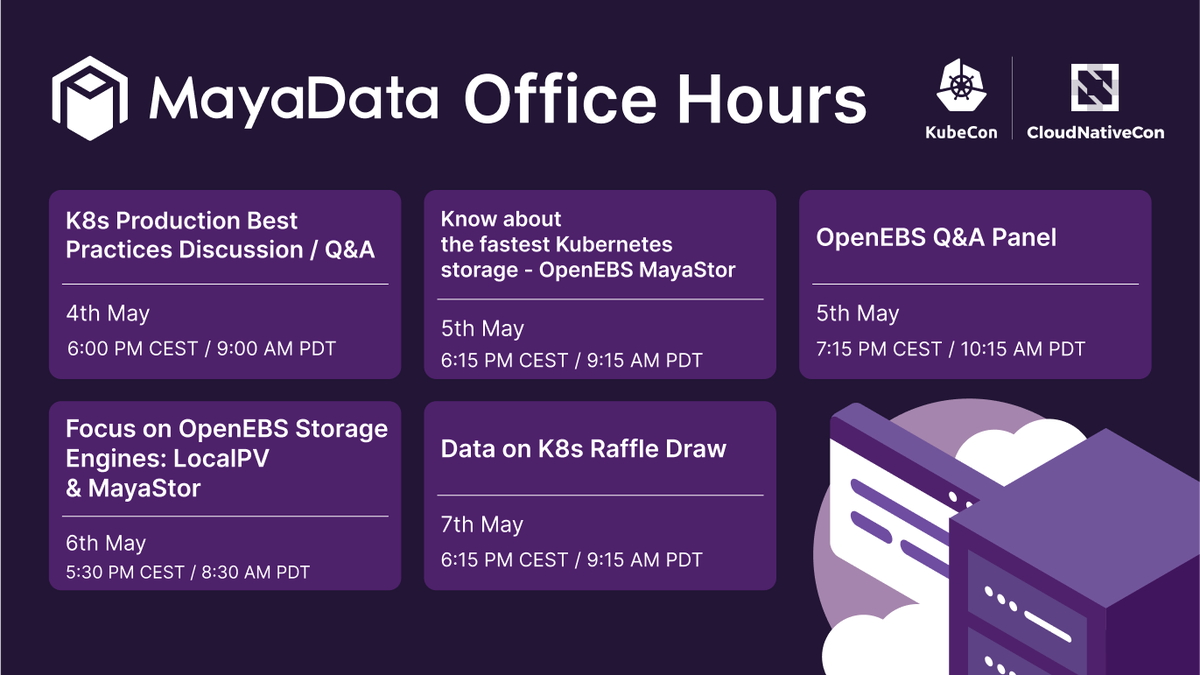 MayaData's tweet image. #MayaData Cheatsheet at #KubeCon📝

👉Visit our booth &amp;amp; we will be donating $2 per booth visit to @BlackGirlsCode
 
👉Get a chance to win a signed copy of the book &quot;Kubernetes in production best practices&quot;

👉Don&apos;t forget to attend the office hours
      hubs.li/H0MtSZS0