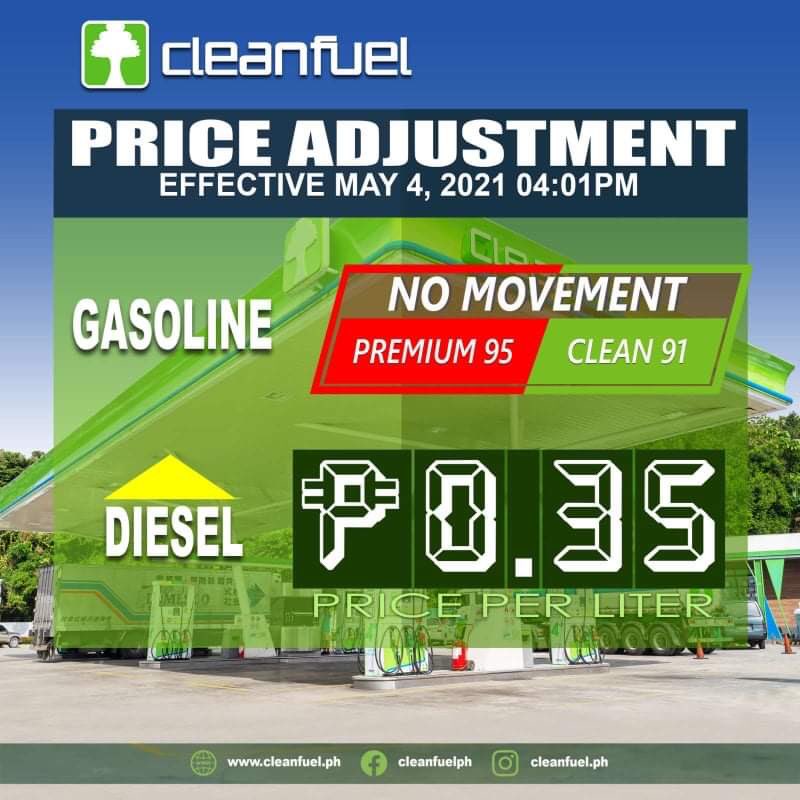 #CleanfuelPH will implement price adjustment, effective Tuesday, May 4, 2021 at 4:01pm. 

⬆️ Diesel + 0.35/L (Increase)
Gasoline - No movement 

Stay safe and healthy!