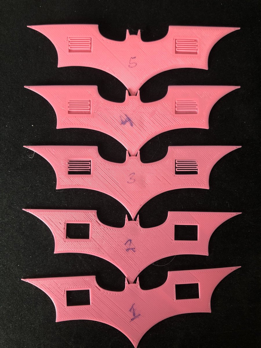 Still trying to dial in settings using <a href="/Simplify3D/">Simplify3D</a> . I’ve found this Batarang model to be really good for 1st layer quality and print curling tests. thingiverse.com/thing:3331685 #3Dprinting
