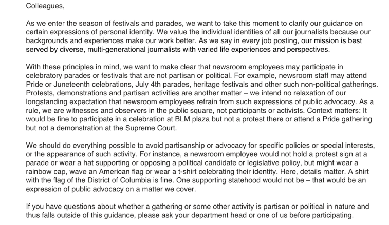 Max Tani Memo From Washington Post Managing Editors To Employees Today Outlining The Festivals And Parades Staff Are Permitted To Participate In As Well As The Events They Are Prohibited