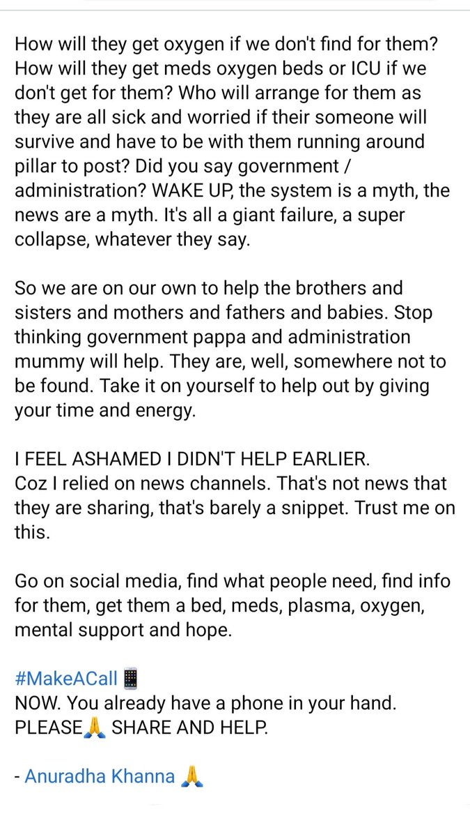 An open letter that must be read to understand the severity of #delhi situation. Become a #covidfighter , save a life from using your phone. I am sorry I didn't start helping sooner. @SonuSood @SoodFoundation @vandana_k_19 @Lats_tweets @purvipathak @MadhurKapoor4 #makeacall📱