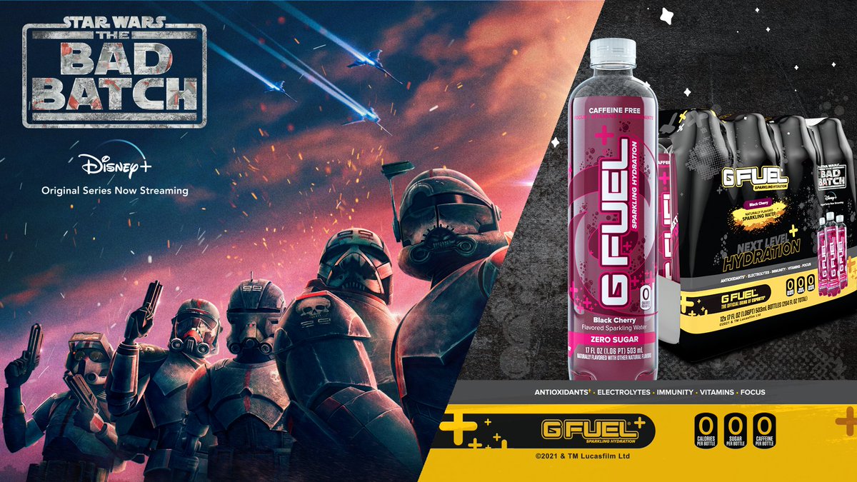 GFuelEnergy's tweet photo. 💧 #GFUEL x @TheBadBatch 💥

🗣️ EVERYONE! We've squaded up with #TheBadBatch to launch our VERY FIRST BATCH of G FUEL SPARKLING HYDRATION!

❌ 0 CAFFEINE
⚡ ELECTROLYTES
🍒 ANTIOXIDANTS
🛡️ IMMUNITY
🎯 FOCUS
💊 VITAMINS

🛒 𝐏𝐑𝐄-𝐎𝐑𝐃𝐄𝐑 𝐍𝐎𝐖: https://t.co/eLldGXvU2I https://t.co/0QlXJW7DqC