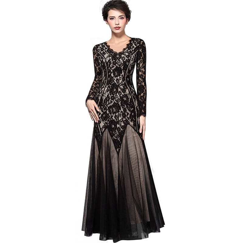 Vintage Floral Lace V-Neck Long Sleeve Bodycon Maxi Long Mermaid Dress - uniqistic.com/shop/woman/dre…