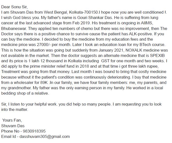 ShuvamDas97's tweet photo. I am Shuvam Das from West Bengal. My father is a lung cancer patient. His treatment is ongoing from AIIMS, Bhubaneswar. I listen and read about your helpful work. I attached a letter body with all the details.I am requesting for some help.
@SonuSood @SonuSoodTRFC @SonuSoodArmy https://t.co/0gHMm5t2Lg