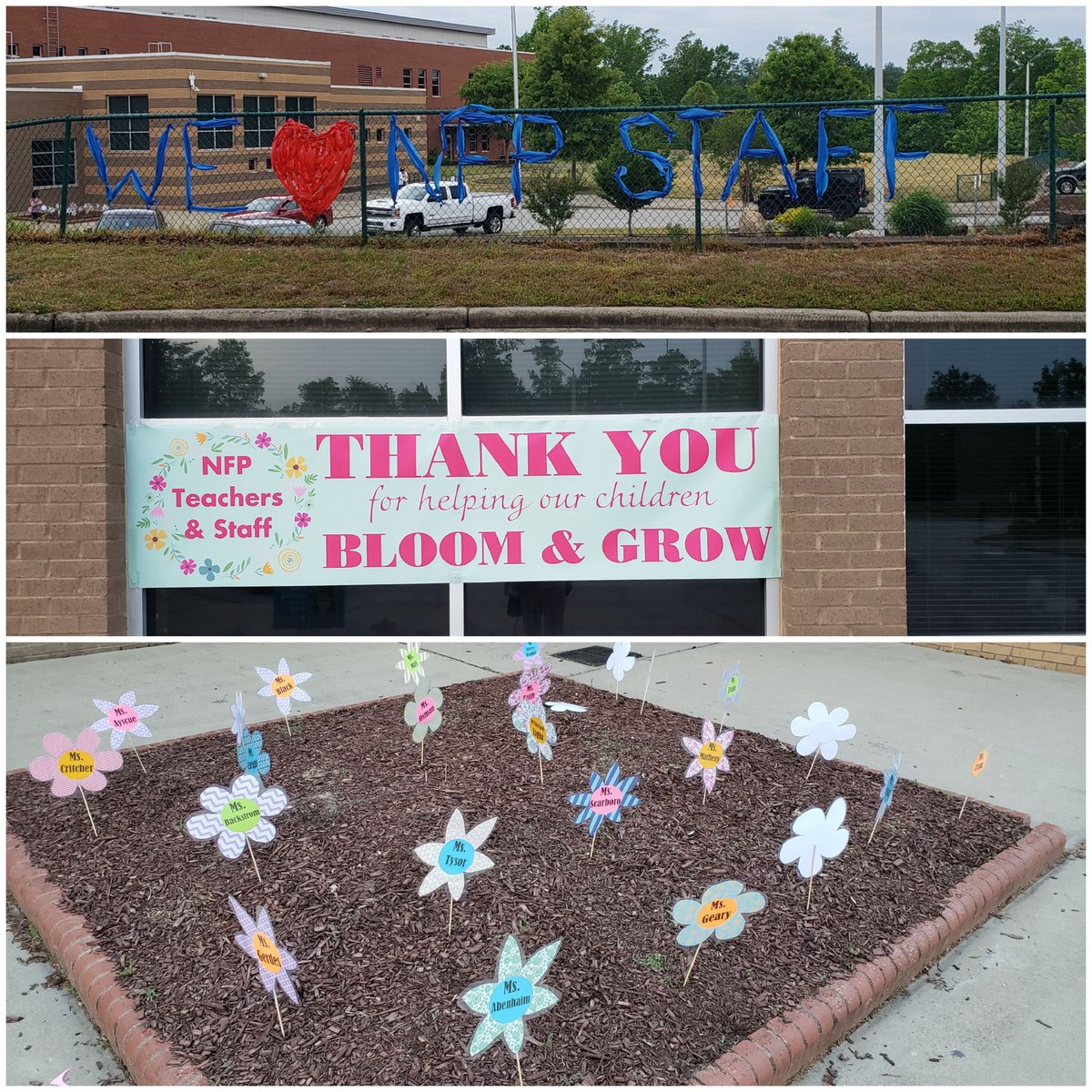 Our PTA is awesome! Day 1 of staff appreciation week, BLOOM, and it was so beautiful!  Driving in, signs on the fence, each teachers' name on a flower, sidewalk chalk, flowers, &amp; packaged breakfast &amp; drinks. So happy for the staff to be appreciated like this, so deserving!