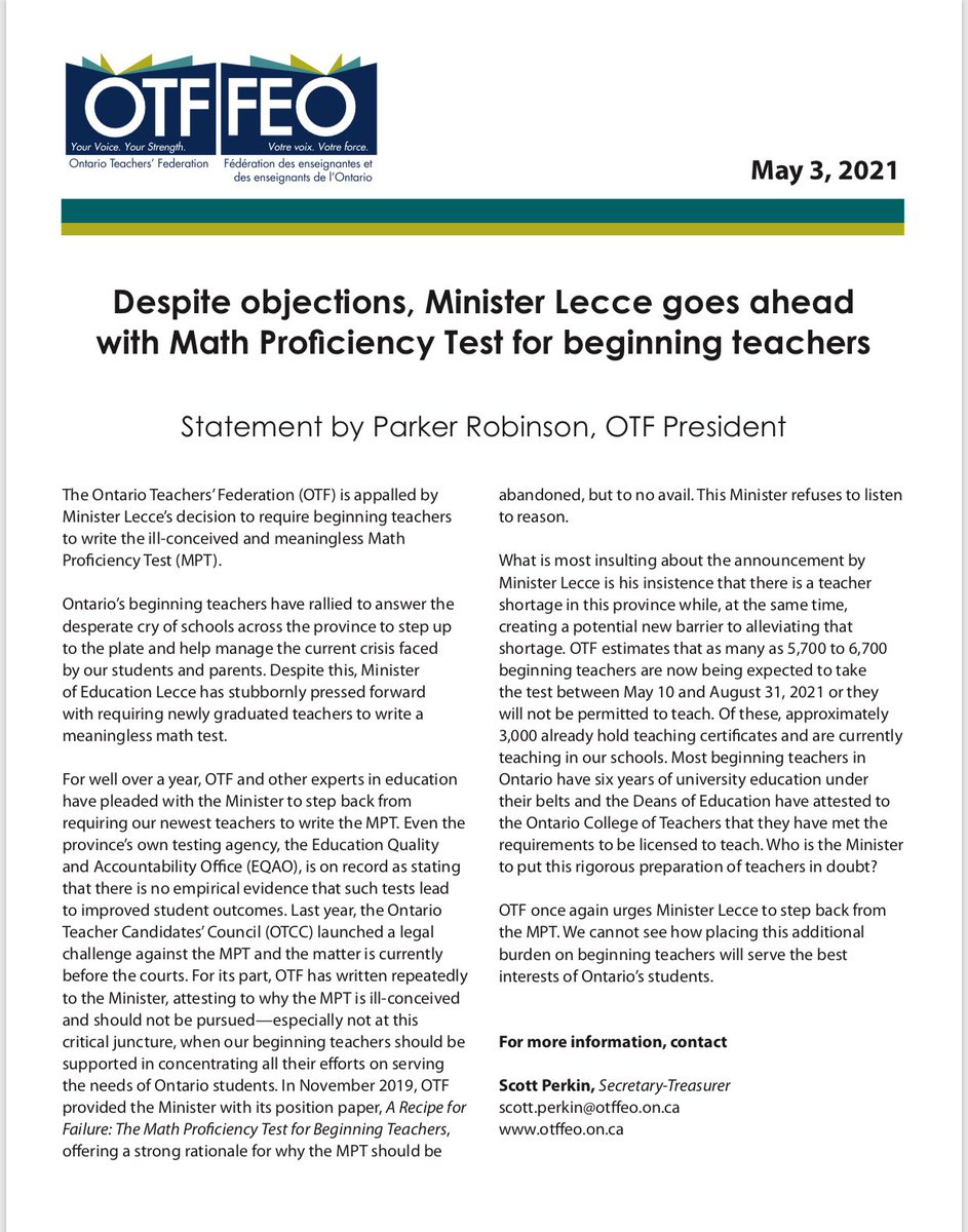 ETFOeducators's tweet photo. The Ont Minister
of Education has stubbornly pressed forward with requiring newly graduated teachers to write a meaningless math test.

@otffeo is appalled at this decision especially given the current crisis. Read the @OTFpresFEO msg below and at https://t.co/x6JTgTuiGT #onpoli https://t.co/XHYojvSdxE