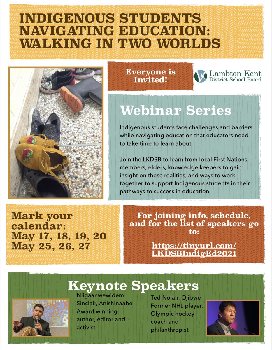 I’m so excited to be sharing this! 
All educators are invited to this webinar series
Indigenous Students Navigating Education:  Walking in Two Worlds.  See attached flier, and go to this link for information on speakers, joining info, and schedule tinyurl.com/LKDSBIndigEd20…
#LKDSB