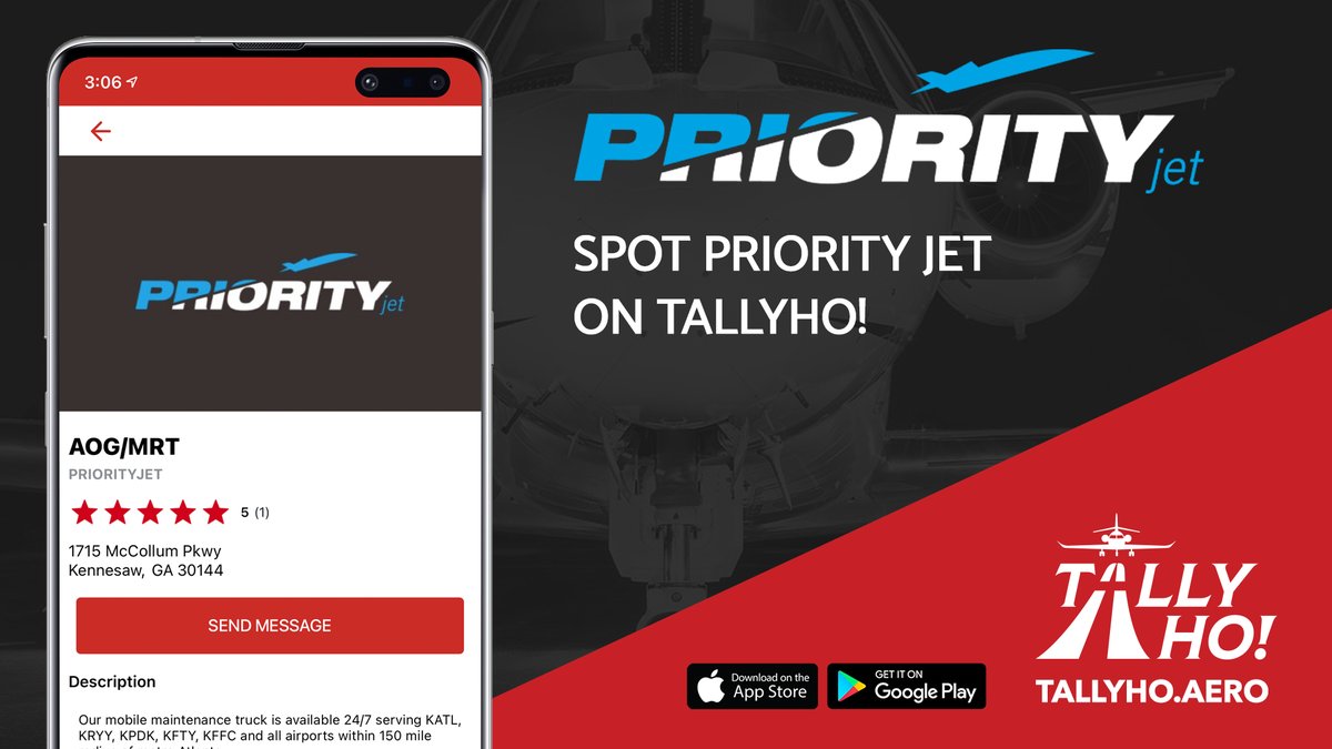 tallyho_apps's tweet image. The TallyHo! team is proud to announce the addition of Priority Jet to our growing network of exceptional service providers. Spot Priority Jet and other quality service providers now on TallyHo! #tallyho #spotyourservice #priorityjet #atlanta #kryy #mro #aircraftservice #pilots