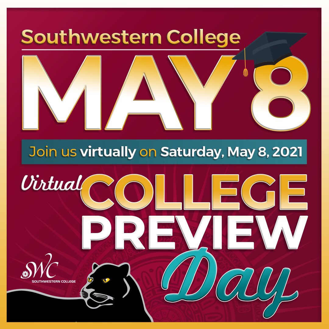 SWCStudentSvcs's tweet image. Here’s your chance to discover Southwestern College from the comfort of your own home and a chance to earn prizes for visiting virtual exhibitor booths!  Join us Saturday, May 8th from 9:00 AM to 12:00 PM.  Learn more and sign up to attend at whova.com/web/colle1_202….