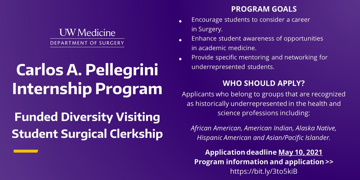 Attention URiM students—come to Seattle and meet us! Carlos A Pellegrini #Diversity SubInternship applications are due May 10th #Match2022 - more info bit.ly/3to5kiB @UWCTSurgRes @uwgensurgres @uwprs1 @UWVascsurg