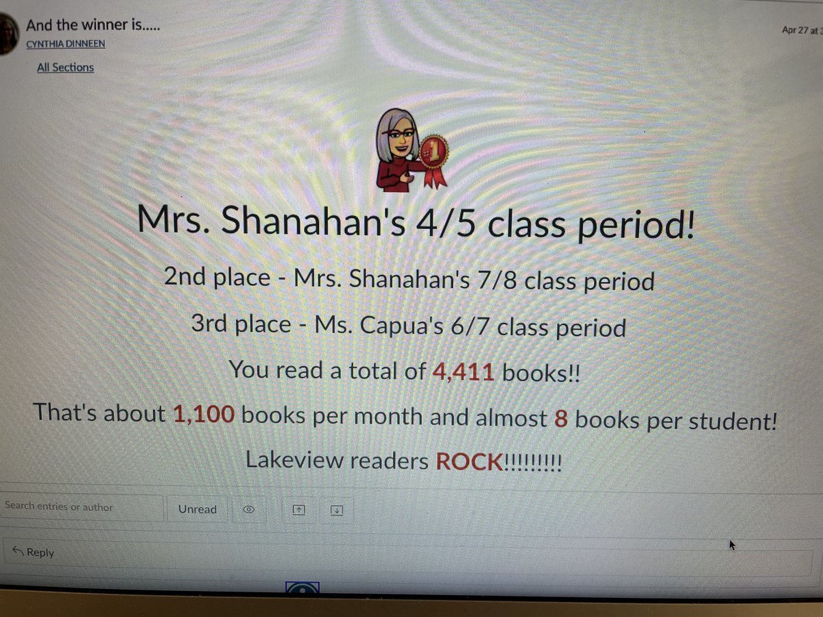 ⁦@LakevwMSLib⁩ celebrates the incredible ⁦<a href="/LakeviewMS/">Lakeview MS</a>⁩ readers who rose to the spring reading challenge.  The numbers speak for themselves &amp; the slime is being prepared.  Stand by for pics of the promise made good on 5/20. #teachkidshavefun #WeAreLakeview