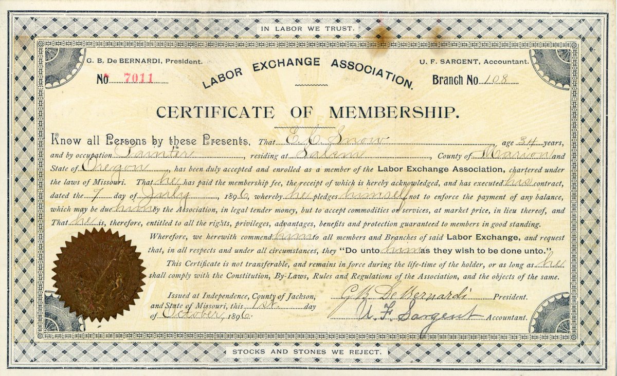 Artifact of the Day: E.C. Snow's Membership Certificate, 1896- Imagine a world in which the value of labor wasn't measured by money. Learn more about Salem's labor exchange which was organized in 1896.WHC Collections 1962.001.0002
#LaborHistoryMonth  #connectinggenerations