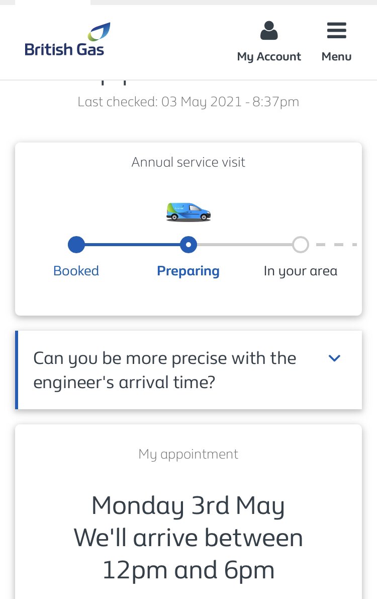 HextSarah's tweet photo. @BritishGas British Gas engineer booked between 12-6pm today. I am assuming they are not coming now.....would have been nice if they had let us know 🙄 https://t.co/Ld7lbmeTlj