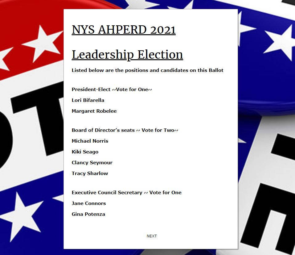 Be sure to vote for the <a href="/NYSAHPERD/">NYS AHPERD</a> 2021 Leadership Elections. Deadline is May 31. <a href="/SEZnysahperd/">Southeastern Zone</a> <a href="/SEZ_COA/">Southeastern Zone COA</a> <a href="/mrobPE/">Margaret Robelee (she/her)</a> <a href="/lisherm/">Lisa Sherman</a> <a href="/PErocks25/">Kevin Yarnell</a> <a href="/CkeenanHockey53/">Christopher Keenan</a> @cjlala <a href="/Lauriep717/">Laurie Petersen-Shaw</a> <a href="/GlenhamPhysEd/">Jeanmarie Jacques</a> <a href="/donntobin/">Donn Tobin</a> <a href="/CiancioSteve/">Steve Ciancio</a> <a href="/shawnladda/">shawn ladda</a> <a href="/justintimebase1/">JustinTime Baseball</a> @Drago_93 <a href="/personalED_LLC/">Brad Gitlin</a> #SEZproud