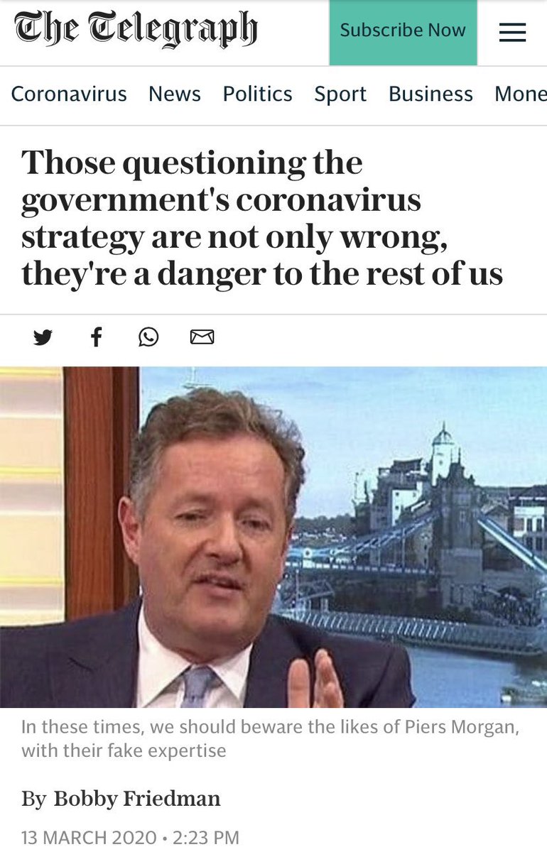 10/. Pressure on journalists not to dig too deep also comes from editors & other sourcesOn 13/3/20,  @Telegraph ran an article with the chilling headline: “Those questioning govt COVID strategy are a danger to us all”But it was those NOT questioning stategy who were the danger  https://twitter.com/stefsimanowitz/status/1298350985203654657