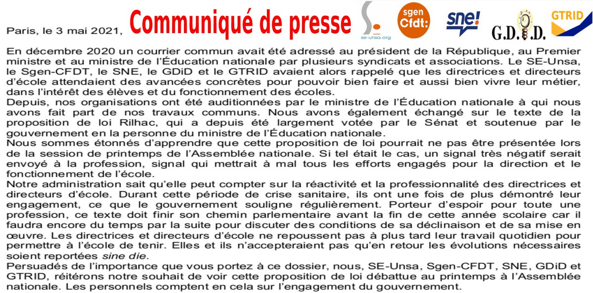 loicbreilloux's tweet photo. Communiqué de presse commun @SE_Unsa @SgenCFDT @SNE_CSEN #GDiD et #Gtrid sur la  direction d'école et la #PPLDirection de @Cecile_Rilhac . Nous attendons une position forte de @JeanCASTEX représenté par notre ministre @jmblanquer .

https://t.co/xxraSDoCUS https://t.co/T5bl5GstCO
