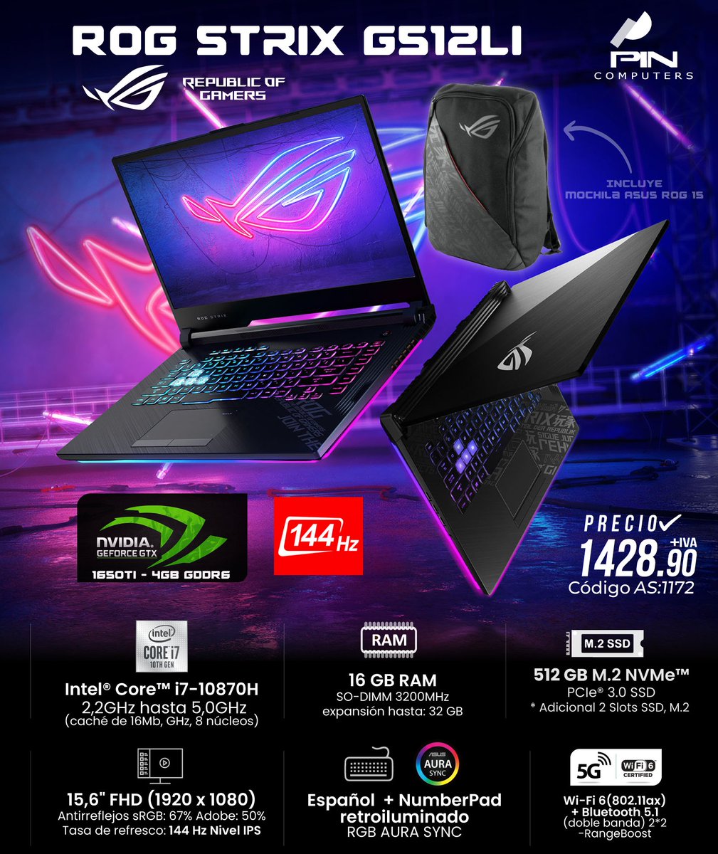 PINSOFTCOMPUTER's tweet photo. 🎮 Esta es la #Gamer indicada para ti!! #ROG Strix G512Li- Procesador Intel® Core™ i7-10870H, 16GB Ram, 512GB SSD NVIDIA® GeForce® GTX 1650Ti 4GB GDDR6 15.6 Full HD, Teclado Español + Mochila Asus ROG 15 https://t.co/DUkZns084S