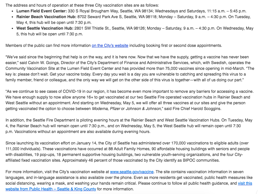 JoeVeyera's tweet photo. INBOX: The City of Seattle says appointments are NO LONGER NEEDED at its Rainier Beach, West Seattle, and Lumen Field mass vaccination sites. Anyone who lives or works in King County can now walk-up to get vaccinated. https://t.co/FQ47Lvzk8L