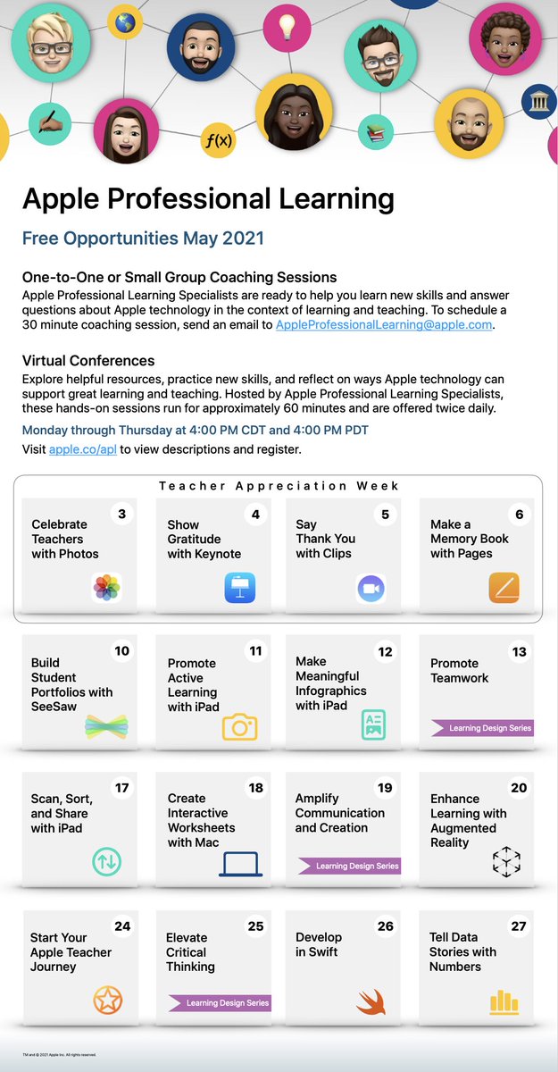 Free Apple Professional Learning Virtual Conference schedule for May is live with all new sessions on using creativity to show gratitude for Teacher Appreciation Week, App Development with Swift, and more! Join us for some feel good inspiration :) apple.co/apl