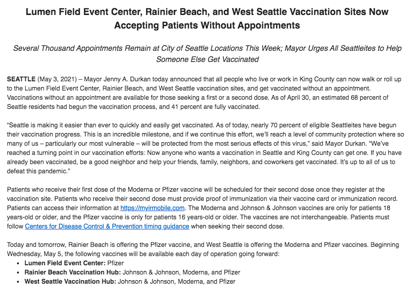 JoeVeyera's tweet photo. INBOX: The City of Seattle says appointments are NO LONGER NEEDED at its Rainier Beach, West Seattle, and Lumen Field mass vaccination sites. Anyone who lives or works in King County can now walk-up to get vaccinated. https://t.co/FQ47Lvzk8L