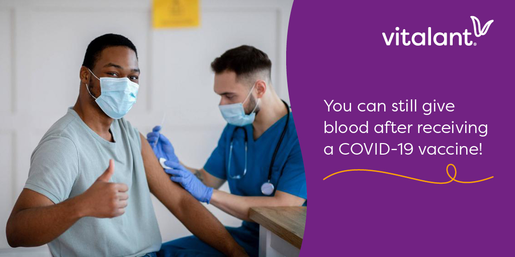 Good news! You can still give blood after receiving a #COVID19 vaccine! If you've recently received the vaccine or are planning to soon, join us in supporting patients relying on transfusions and #giveblood: vitalant.org