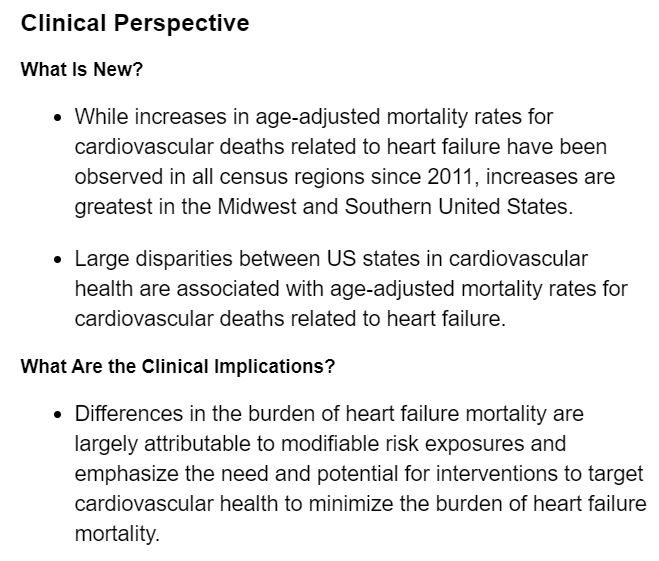 After a decade-long decline, age-adjusted mortality in heart failure is increasing, with highest rates in the South and Midwest #BRFSS. ow.ly/dEld50EARPc <a href="/HeartDocSadiya/">Sadiya Khan</a> <a href="/NMCardioVasc/">NM Cardiovascular</a> #AHAJournals