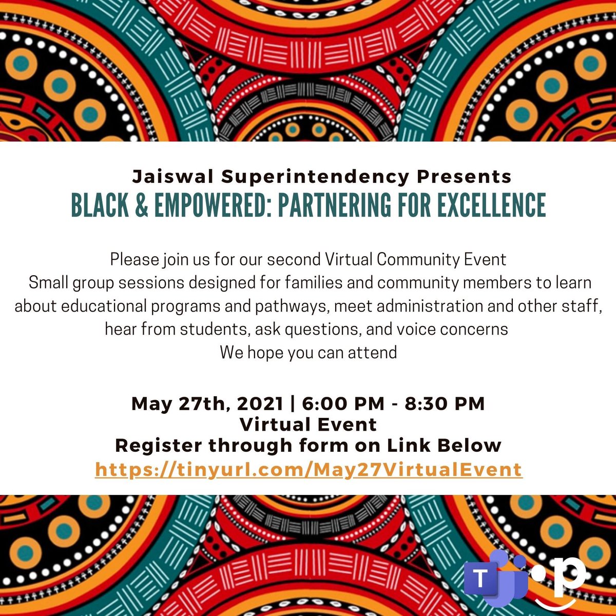Please join us for our 2nd virtual community event. Black&amp;Empowered. RSVP and register using the link below. <a href="/PeelSchools/">Peel District School Board</a> 
Tinyurl.com/May27VirtualEv…