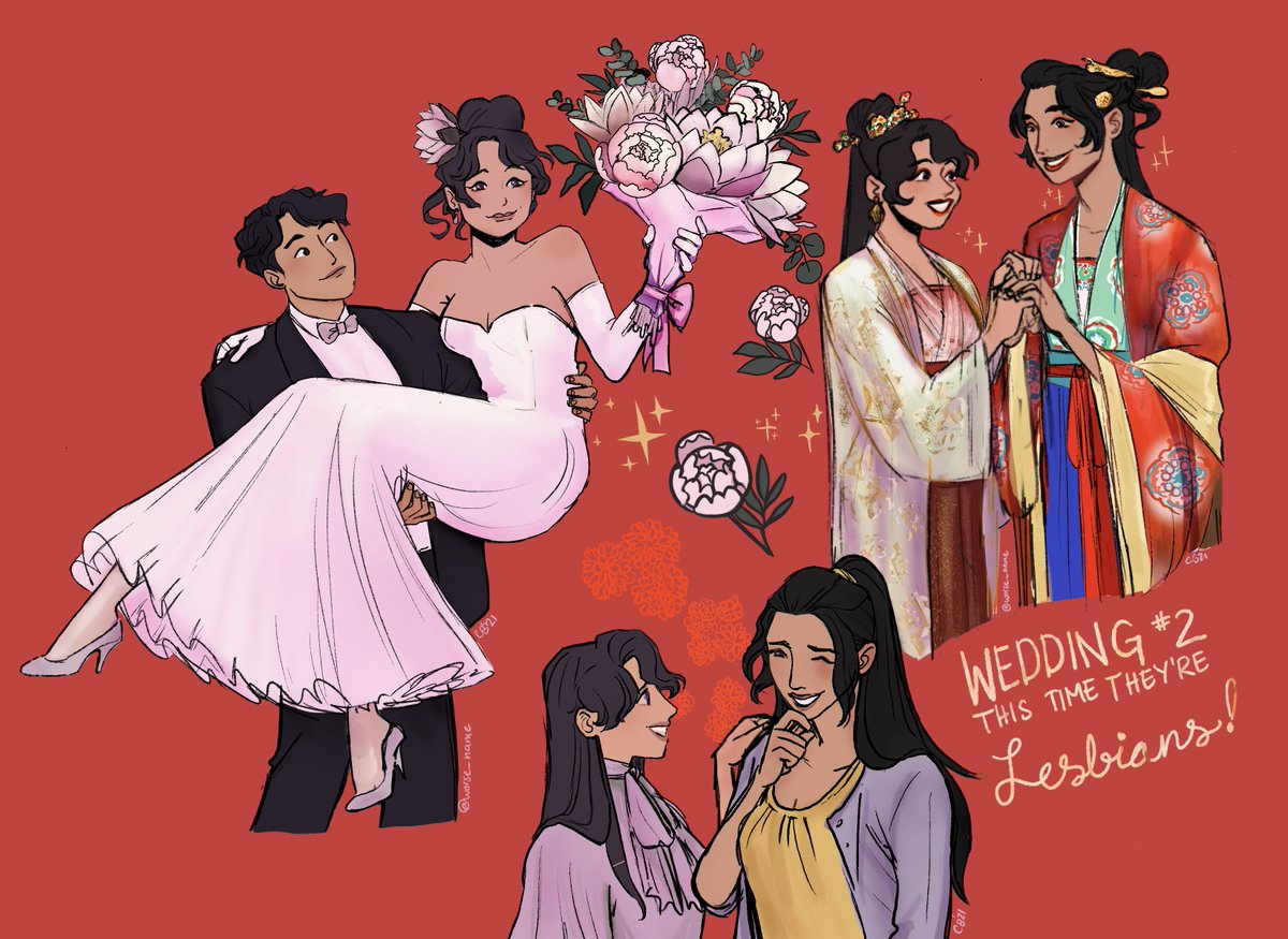 worse_name's tweet image. happy #XuanliWeek2021 day 6! xuanli get married, and then after zixuan transitions they have another wedding! when jin ling is 6 he has a meltdown about how he wasn't at EITHER of his parents weddings and they're like "well, i guess we have to have another one! :')" 😌💕✨