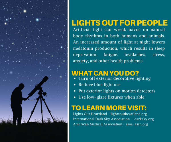 Did you know that artificial light can mess with your melatonin productions, causing sleep deprivation and headaches? Turning your lights off and not using your phones before going to sleep can help. 
<a href="/LightsOutHeart/">Lights Out Heartland</a> <a href="/NationalAudubon/">Audubon Society</a> @AmericanMedic10
