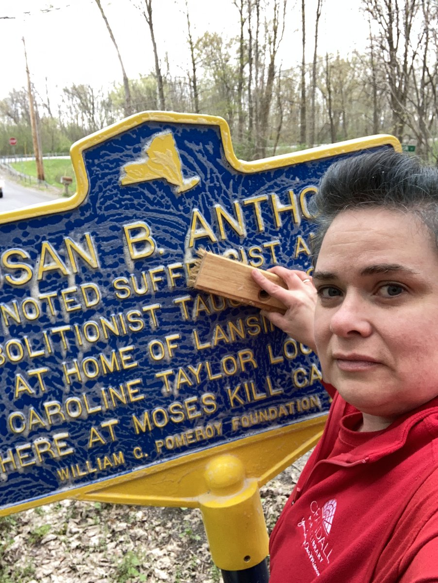 Friday was #NationalHistoricMarkerDay & librarian/historian Tisha Dolton was out documenting some of our #FortEdwardNY & #GreenwichNY markers. She even was able to clean two with mild soap & water to remove, dirt, pollen, & bird poo! #susanbanthony #revolutionarywar