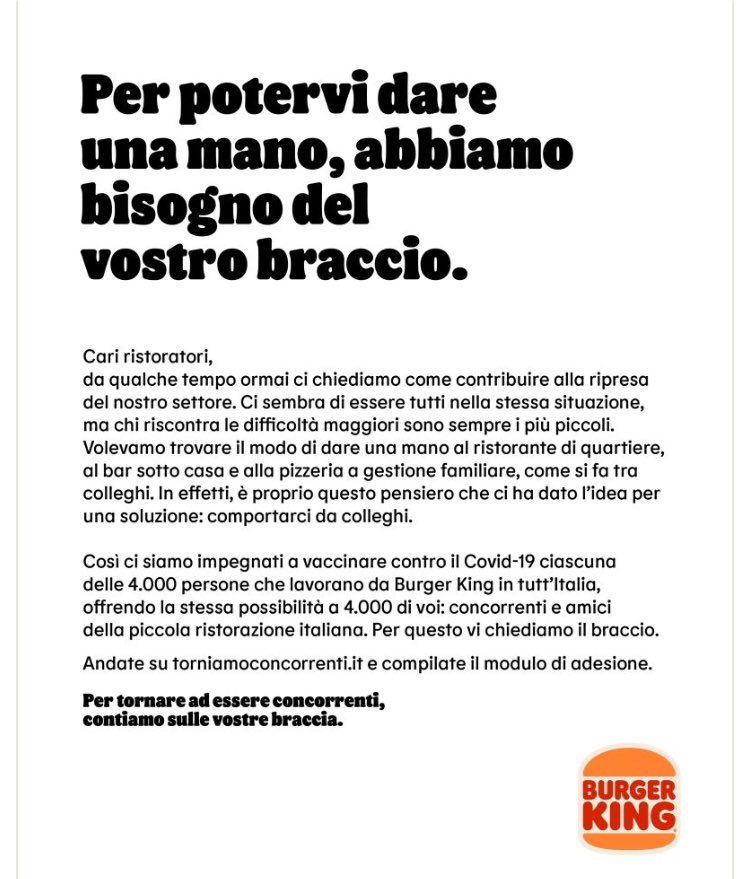 Burger King offre la vaccinazione non solo ai suoi 4 mila dipendenti ma anche ad altrettanti “concorrenti e amici della piccola ristorazione italiana”