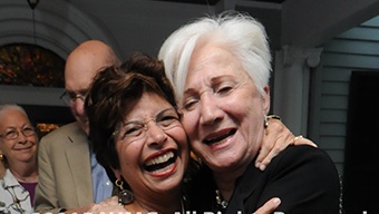 Olympia! RIP Olympia, a great lady! Condolences to her family and all the friends from the Whole Theater Company.
 Rosemarie Iverson welcomes Olympia Dukakis back to her home for the reunion of the 16 original members, founders of the Whole Theatre Company, May 18, 2015.