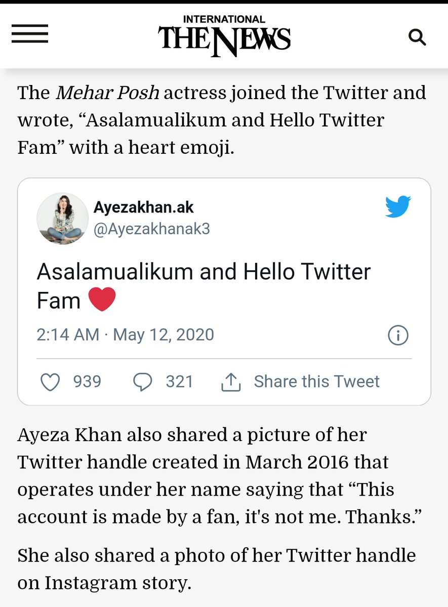Full link :  https://www.thenews.com.pk/latest/657738-ayeza-khan-joins-twitter-fans-warmly-welcome-her  #ChupkeChupke  #ayezakhan