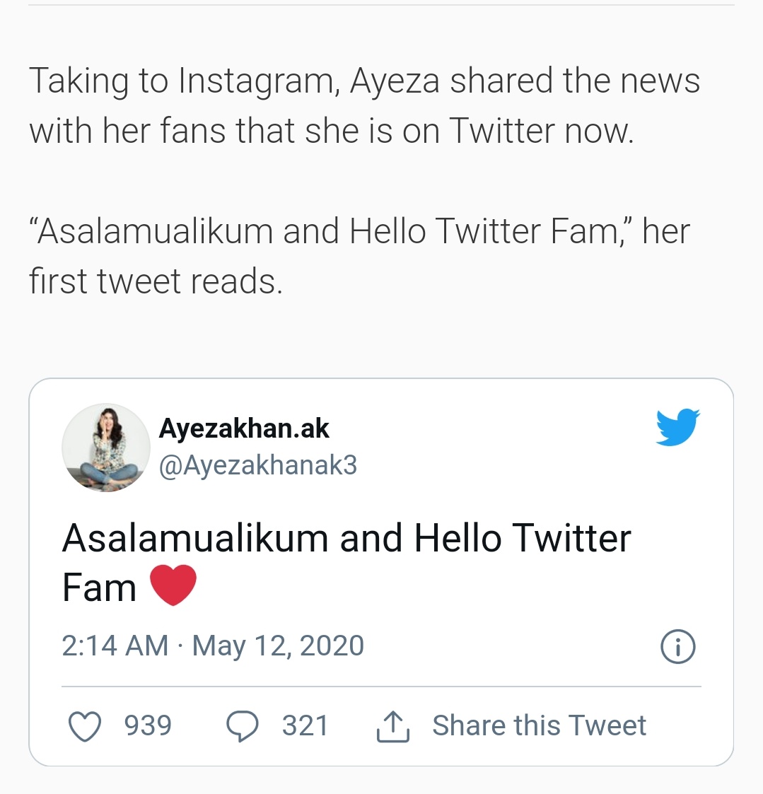  https://arynews.tv/en/ayeza-khan-joins-twitter/  #ayezakhan  #ChupkeChupke