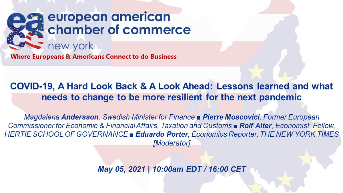 WEBINAR: COVID-19, A Hard Look Back &amp; A Look Ahead: What are the lessons of the last 18 months? What could we have done better? What has our experience of the Covid pandemic taught us. 
RSVP: eaccny.com/events/?event_… W/<a href="/pierremoscovici/">Pierre Moscovici</a> <a href="/swedennewyork/">Consul General of Sweden in New York</a> <a href="/portereduardo/">Eduardo Porter</a> <a href="/raltergov/">Rolf Alter</a>