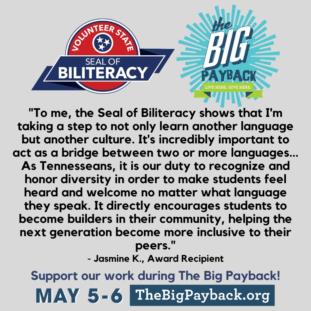 Volunteer State Seal of Biliteracy (@volstateseal) on Twitter photo Did you know $25 provides a Seal of Biliteracy medal and diploma seal for 5 TN graduates? Support our work in celebrating our biliterate students during #TheBigPayback at tinyurl.com/th4sjwmb!
<a href="/tnedu/">TN Dept of Education</a> <a href="/SBEd_TN/">TN State Board of Education</a> <a href="/tntesol/">TNTESOL</a> <a href="/TFLTA/">طفلة البريئة</a> <a href="/ut_tlc/">Tennessee Language Center</a> <a href="/EdTrustTN/">EdTrust-Tennessee</a> <a href="/TLACC/">TN Latin American Chamber of Commerce</a> <a href="/TNHigherEd/">Tennessee Higher Education Commission</a> <a href="/TNChamber/">Tennessee Chamber of Commerce & Industry</a> Did you know $25 provides a Seal of Biliteracy medal and diploma seal for 5 TN graduates? Support our work in celebrating our biliterate students during #TheBigPayback at tinyurl.com/th4sjwmb!
<a href="/tnedu/">TN Dept of Education</a> <a href="/SBEd_TN/">TN State Board of Education</a> <a href="/tntesol/">TNTESOL</a> <a href="/TFLTA/">طفلة البريئة</a> <a href="/ut_tlc/">Tennessee Language Center</a> <a href="/EdTrustTN/">EdTrust-Tennessee</a> <a href="/TLACC/">TN Latin American Chamber of Commerce</a> <a href="/TNHigherEd/">Tennessee Higher Education Commission</a> <a href="/TNChamber/">Tennessee Chamber of Commerce & Industry</a>