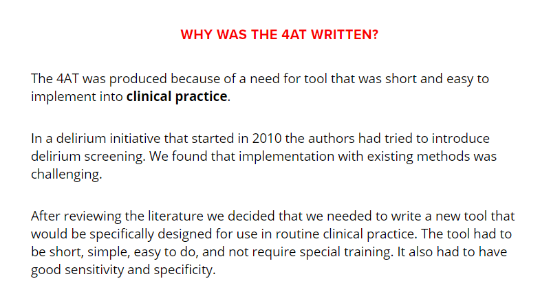 🧠 The 4AT is designed for easy clinical detection of #delirium. 💠 <2 mins 💠 No special training 💠 Free 💠Well-validated 💠 Proven sensitivity in large scale routine care 🔑 4AT website section: 'Why was the 4AT written?' 🔗 the4at.com/whythe4at