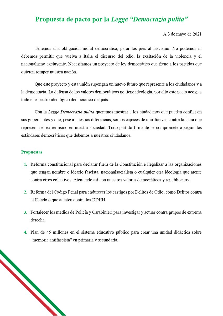 PDemocraticoSPE's tweet photo. Nos complace anunciar el pacto, Legge "Democrazia pulita". Un pacto que compromete a las agrupaciones firmantes a sacar un decálogo que acabe con una lacra tan anacrónica como lo es el fascismo.

#SistemPol2021 https://t.co/2T4u9Pmxfi