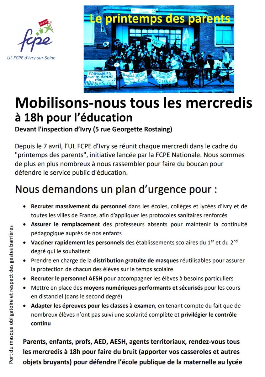 FCPE94's tweet photo. Le #printempsdesparents #acteVI continue dans le #valdemarne alors RDV à 18h mercredi 5 mai #faitesdubruit https://t.co/Aye5UWPEKi