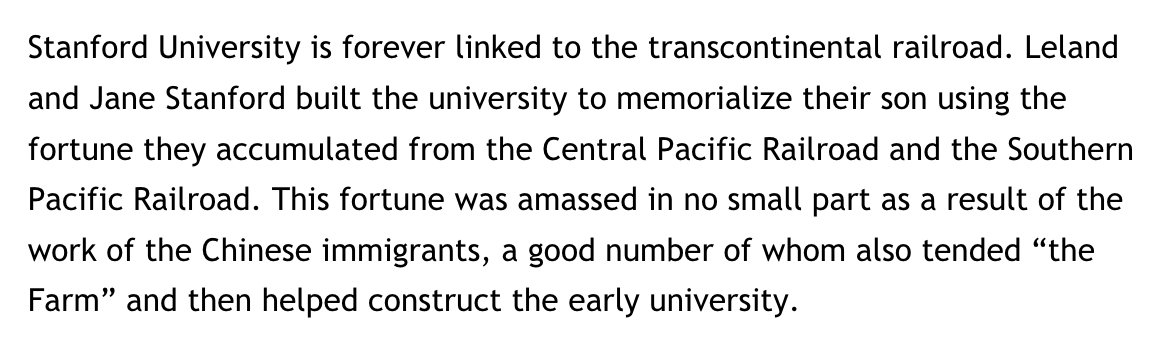 Stanford just sent out an email about AAPI History Month... they failed to acknowledge that the transcontinental railroad, which gave Leland Stanford the wealth to create the university, was built on the work of ~20,000 *underpaid, abused, and exploited* Chinese workers