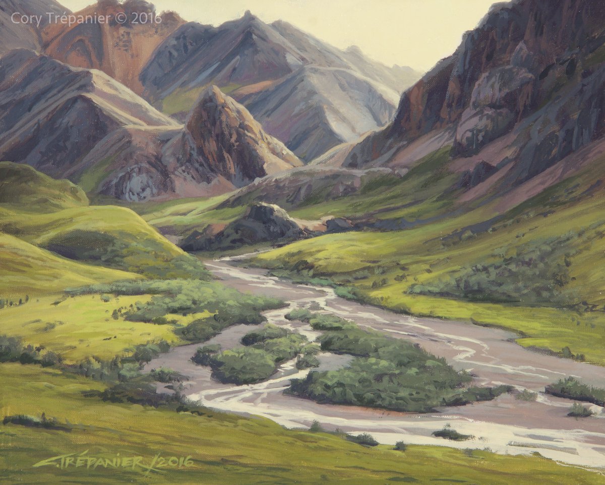 CoryTrepanier's tweet photo. Entering the Valley (study), oil/linen, 20"x30”,2016. Burwash River, #KluaneNP, Yukon. After a day of riding in with pack horses, it was time time to load up and continue on foot. My burden lifted as this I saw this stunning valley ahead. https://t.co/B68MpXv3KE
@TravelYukon https://t.co/JFjfUqle9u
