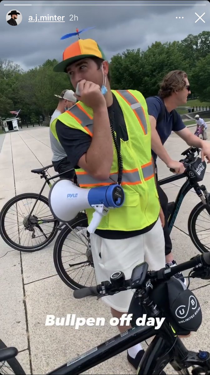CodyRogers10's tweet photo. VERY IMPORTANT BRAVES OFF DAY UPDATE: Per AJ Minter’s IG, the Braves bullpen took a bicycle tour of Washington DC led by Luke Jackson, who was wearing one of those rainbow hats with a spinny thingy on the top. https://t.co/QYHFyqw96C