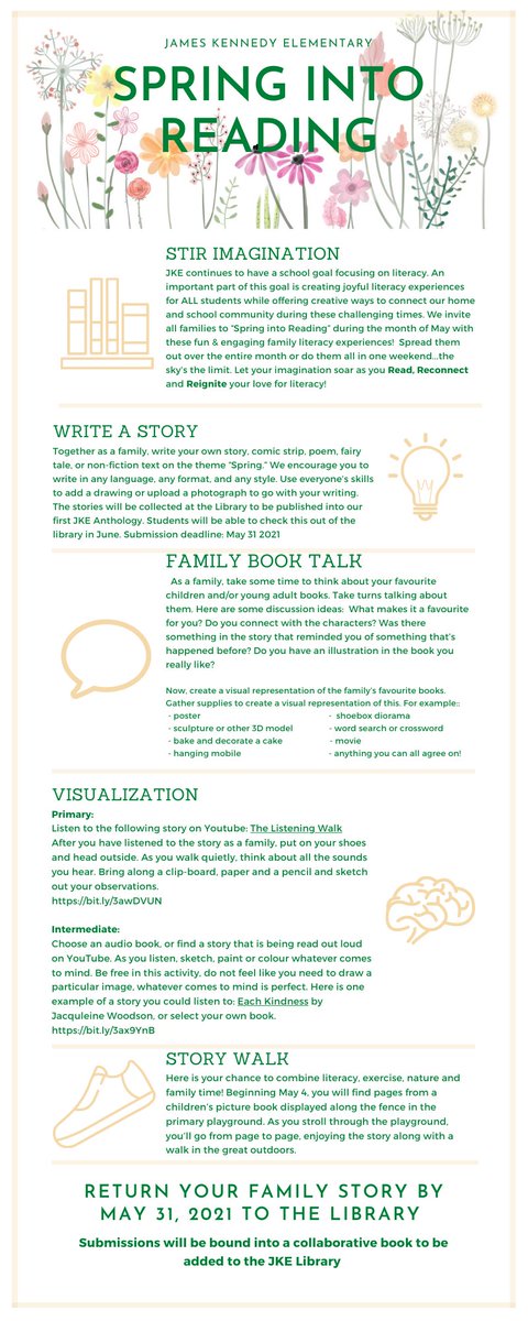 Get ready to Spring into Reading at JKE! Our staff have created joyful literacy experiences for families to engage in while connecting home and school! Join us during the month of May &amp; be sure to create your family’s page to our JKE Anthology that will be shared in our library!