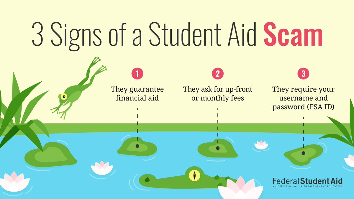 FAFSA's tweet image. Got a notification from your school(s) about your aid offer? Scammers may be looking to take advantage. Stay vigilant and leap away from danger if you notice these signs 🐸 bit.ly/3tdxGfi