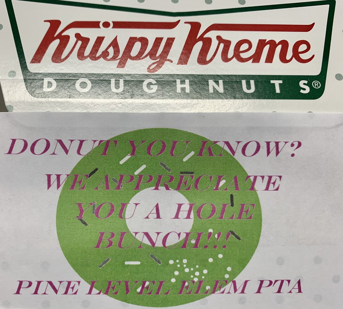 Thank you to the <a href="/PineLevelES/">PineLevelES</a> PTA for celebrating all our staff today for #StaffAppreciationWeek 

Enjoyed them all by all!  #PLGreenHornets