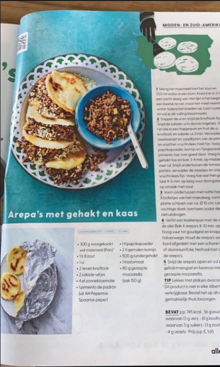 lobachevscki's tweet photo. Receta de arepas en la revista de la cadena Albert Heijn en Países Bajos, foto desde La Haya. https://t.co/JT66WWDfDb